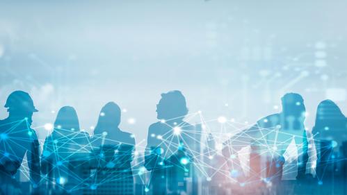 Business global network connection telecommunication technology concept, Futuristic business people group working on communication technology with internet link graphic background